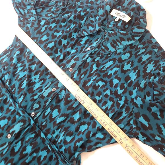 Diane Von Furstenberg Animal Print Dress XL Blue Cheetah Button Up Viscose Tie - Picture 10 of 15